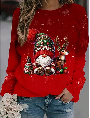  Naisten Puserot Kuvitettu Joulu Vapaa-aika Pitkähihainen Tiukka pyöreä kaula-aukko Tavalliset topit Katu Kausaliteetti Pyhäpäivä Painettu Sininen Viini Rubiini Syksy Talvi