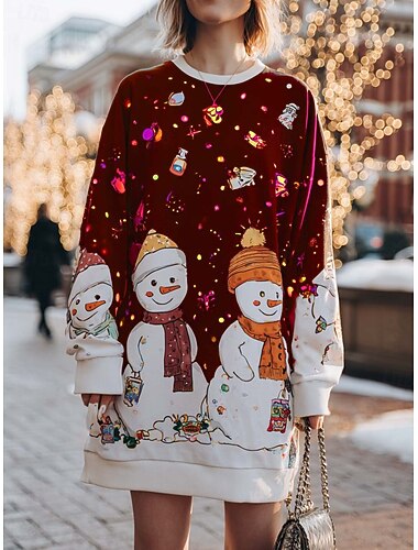  Julekvinners snøfnugg mini kjole skift kjole atletisk kjole fest uformell skole utendørs løs passform grafikk lang ermene crew hals svart rød grønn vår høst vinter