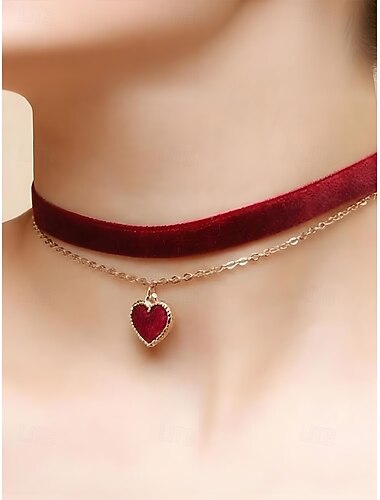  dames fluwelen hart hanger choker ketting - elegante dubbellaagse gouden ketting met rood hart voor kerst- en feestdagen