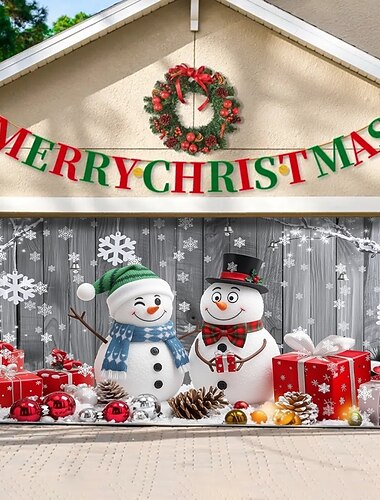  jouluinen autotallin oven suojus lumiukoilla ja lahjoilla, talven ihmemaan loma-autotallin banneri ulkona joulukoristeita kodin ajotieltä etupihan sisustukseen
