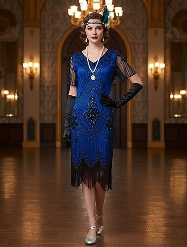  Set Glada 20-talet 1920-talet Knälång Flapper-klänning Cocktailklänning Finkostym med tillbehör Korta ärmar Den store Gatsby Flapper Paljetter Tofs V-hals Maskeradkläder Dam Jul Nyår Kvällsfest