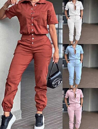 Damen Overall Aktiv Einfarbig Kurzarm Cargo-Hosen Hemdkragen Tasche Knöpfe Urlaub Täglich Normale Passform Weiß Rosa Wein Sommer   Damen Overall Aktiv Einfarbig Kurzarm Cargo-Hosen Hemdkragen Tasche Knöpfe Urlaub Täglich Normale Passform Weiß Rosa Wein Sommer