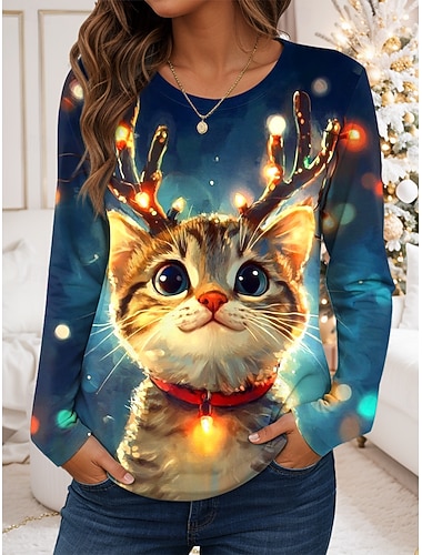  Χριστουγεννιάτικη Γυναικεία Μπλούζα με Γάτα Γραφικό Vintage Μόδα Στυλ Μακρύ Μανίκι Στρογγυλή Κορυφή Κανονικά Τύπου Σαββατοκύριακου Εκτύπωση Φασκόμηλο Πράσινο Μπλε Πράσινο Φθινόπωρο Χειμώνα
