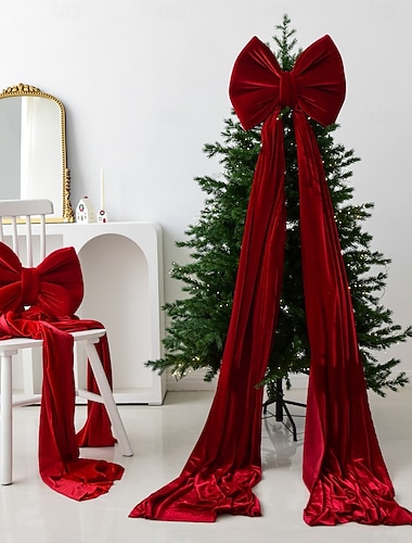  Joulukoristeet 79 cm, suuri punainen samettinen joulukuusenpäällinen - viininpunainen nauha, lahjakoristeet - joulukoristeet sisä- ja ulkotiloihin, kotiin, seppeleet, vaippa, etuovi, kuisti, häät