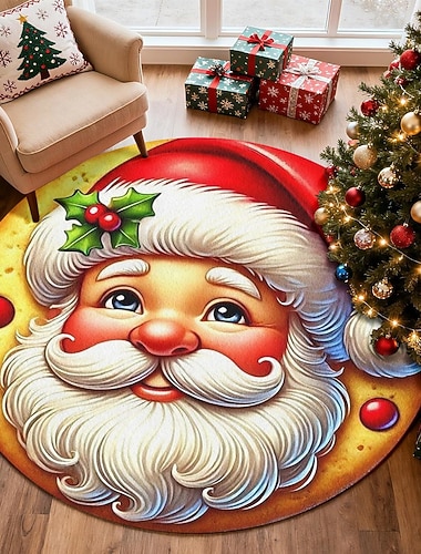  Weihnachtsmann Gesicht Weihnachten Rundbereich Teppich für Wohnzimmer und Schlafzimmer Faux Kaschmir Fröhliche Weihnachten Teppich Weich Rutschfest Maschinenwaschbar Teppich Festliche Fußmatte 4ft