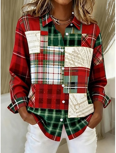  Natal Mulheres Camisa Social Blusa Gráfico Xadrez Floco de Neve Vintage à moda Casual Manga Longa Colarinho de Camisa Tops regulares Trabalho Diário Para Noite Patchwork Botões Imprimir Branco