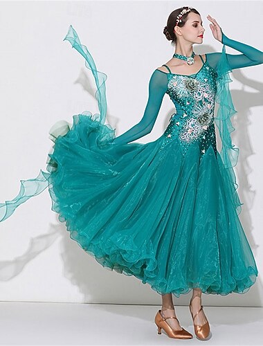  Damen-Ballsaal-Tanzkleid mit Pailletten-Applikation und mehrlagigem Netzstoff, elegantes Walzer-Tango-Foxtrott-Wettbewerbskleid – Pfauengrün