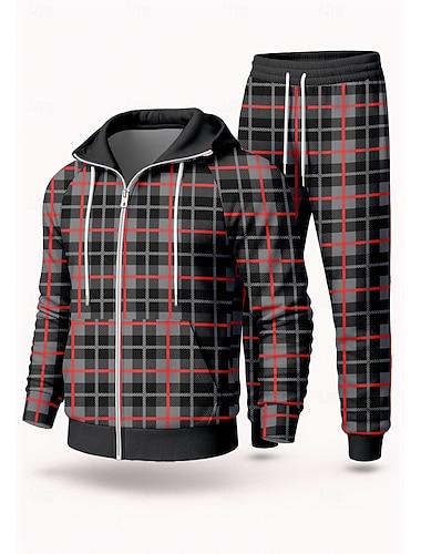  Jul Herre Hattetrøje Joggedress 2-delt treningsdress Snorer Ta igjen glidelåsen Rutet Treningsdrakt Høst Rød Grønn Yrke Utendørs Reise Lettvekt Mote Langermet Sport Sportsklær Elastisk Normal