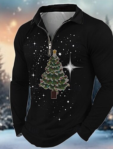  Noël Homme Arbre de Noël Polo manche longue Col Rabattu Moderne Occasionnel Sport & Loisir Décontracté Quotidien Festival Fermeture éclair Impression 3D Printemps Automne Hiver Noir Rouge Vert