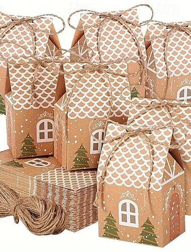  20/50 stk. julehusformede godteribokser, gaveposer av kraftpapir, perfekt for DIY-julekakeemballasje, festgaver og høytidsdekorasjoner