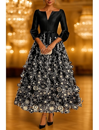  A-linja Polven yli Cocktailmekot Juhlamekot Tyylikäs 3/4 hiha V kaula-aukko Muodollinen Häät Tafti kanssa Rusetti(rusetit) Applikaatiot