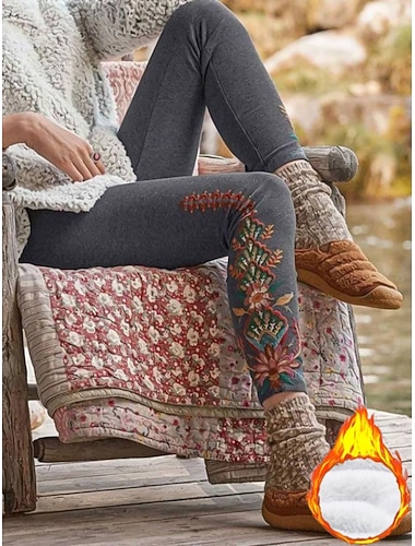  Calças de Fleece Boho Viking Femininas Leggings Férias Estilo Étnico Vintage Comprimento Total Cintura Alta Floral Gráfico Impressão Térmica Quente Confortável Flexível Casual Casual Marinho Preto