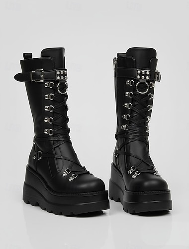 Women's Gothic Punk Platform Knee-High Boots - Black Lace-Up Combat Boots with Buckle and Studded Details for Halloween, Cosplay, and Night Out   Women's Gothic Punk Platform Knee-High Boots - Black Lace-Up Combat Boots with Buckle and Studded Details for Halloween, Cosplay, and Night Out