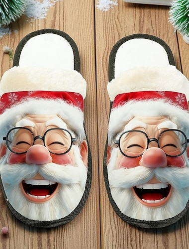  Pantufas femininas de Papai Noel - design alegre com rosto de Papai Noel e interior de pelúcia, ultraconfortáveis, ótimas para relaxar em casa, véspera de Natal e reuniões festivas