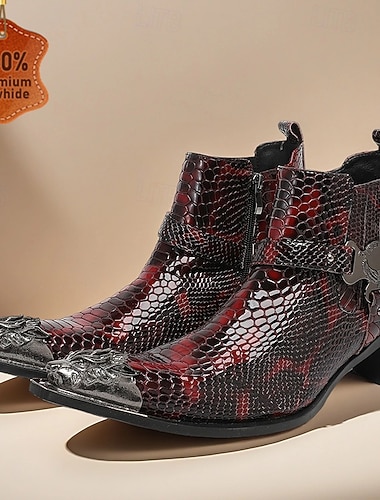 Herrestøvletter i rødt ekte skinn med slangemønster, metalltå og glidelås, western-ankelstøvletter i 100 % kuskinn for fester, forestillinger og nattklubbmote   Herrestøvletter i rødt ekte skinn med slangemønster, metalltå og glidelås, western-ankelstøvletter i 100 % kuskinn for fester, forestillinger og nattklubbmote
