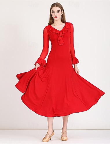  Červené šaty s volánkem na společenský tanec pro ženy - áčkové šaty s dlouhým rukávem na soutěže, latinskoamerické a taneční akce