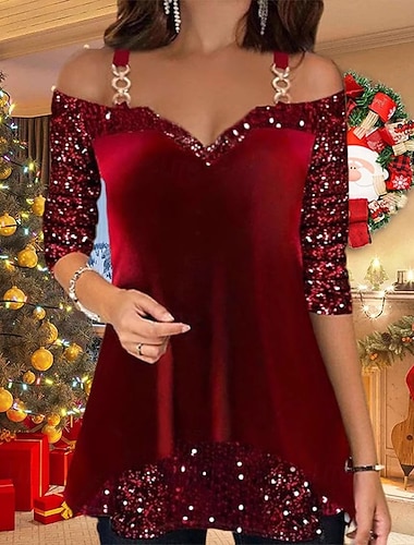  Chemise de Noël pour femmes en Velours Couleur Unie Imprimé Graphique Élégant Vintage Fête À Manches Longues Épaule Dégagée Tops Longs Invité de Mariage Vêtements de Soirée Imprimé Paillettes Rouge