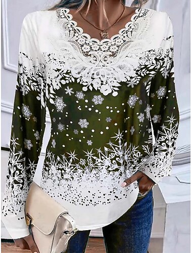  Jul Dame Bluse Grafisk Snøfnugg Årgang Mote Stilfull Langermet V-hals Rund hals Vanlige topper Daglig Ut på byen Festantrekk Blonde Lapper Trykt mønster Blå Lilla Grønn Vår Høst Vinter