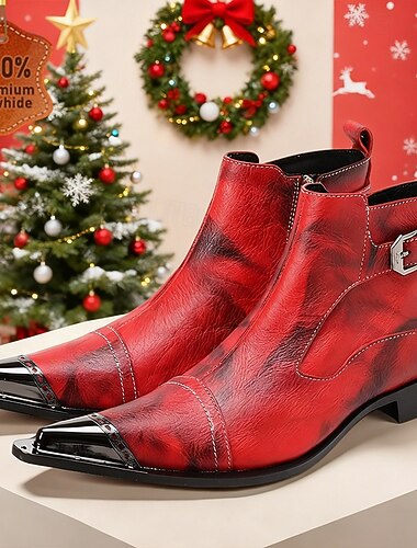  botas masculinas de couro vermelho com detalhe de fivela e bico fino – perfeitas para reuniões de Natal e eventos festivos