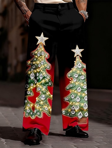  Noël Homme Arbre de Noël Dégradé de Couleur Eclairage de Noël Pantalons Dress Pants works Pantalons de Costume Taille Moyenne Mode Décontractée Extérieur Fête Pantalon habillé coupe décontractée
