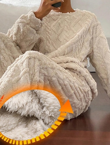  γυναικεία πιτζάμα φανέλας από χνουδωτό φλις, σετ πιτζάμας για χαλάρωση, φανέλα, μόδα, casual, καθαρό χρώμα, ελαστική μέση, παντελόνι, διακοπές, δρόμος, ραντεβού, μακρυμάνικο, στρογγυλή λαιμόκοψη, λευκό, φθινόπωρο, χειμώνας, άνετη εφαρμογή