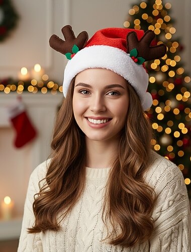  Gorro navideño de mujer con forma de cuernos de reno de peluche, con pompón y detalle de acebo; gorro festivo para fiestas navideñas y celebraciones de invierno.