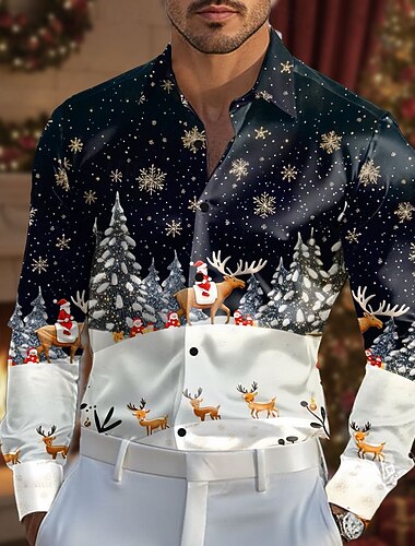  Per uomo Babbo Natale Albero di Natale Fiocco di neve Camicia Camicia in raso Camicia elegante Manica Lunga Moda Casual All'aperto Feste Ferie Primavera Autunno Collo ripiegato Stampa 3D Camicie con