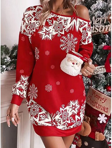  クリスマス レディース サンタクロース 雪の結晶 ミニドレス シフトドレス バケーション カジュアル パーティー デイリー ホリデー レギュラーフィット グラフィック 長袖 コールドショルダー ブラック レッド ブルー グリーン 秋 冬