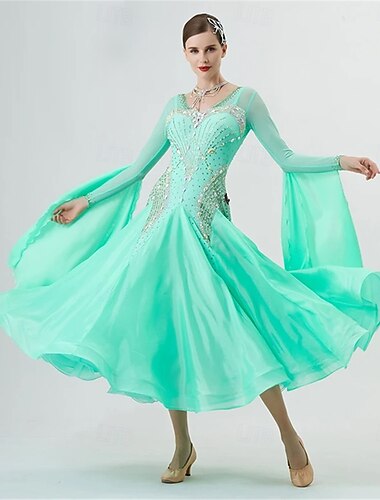  Damekjole med lange ermer, ballroom-dans, strass, vals-tango, konkurransekjole med flagrende chiffongkappe – mintgrønn