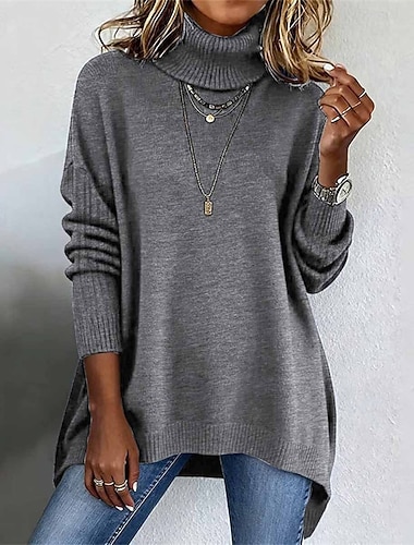  女性用 ニット プルオーバー エレガント ファッション ストリートファッション 純色 タートルネック ニット 長袖 レギュラートップス ニット アウトドア 日常 祝日 ブラック ネービーブルー 秋 冬