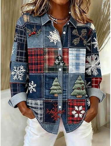  חג המולד בגדי ריקוד נשים חולצה גראפי משובץ פתית שלג וינטאג' טרופי מסוגנן שרוול ארוך צווארון חולצה חולצות רגילות אורחת חתונה עבודה בגדי ערב למסיבה כפתורים דפוס פול ירוק מרווה אודם תלתן אביב סתיו חורף