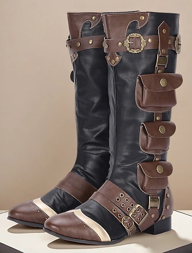  Pánské černohnědé boty ve středověkém stylu – klasický design s přezkou a páskem, ideální pro historické rekonstrukce, cosplay a tematické akce