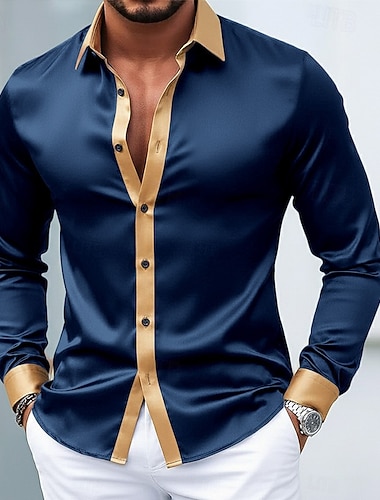  Per uomo Camicia Camicia in raso Camicia elegante Camicia casual Camicia con Bottoni Camicia da Ballo Blocco di colori Formale Matrimonio Nero Bianco Vino Blu marino Manica Lunga Bavero Primavera