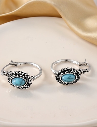  Pendientes de aro bohemios de plata con turquesa: joyas de estilo tribal vintage para mujer.