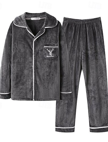  Homme Vêtements de Nuit Ensemble Pyjama Haut de pyjama et pantalon 1 ensemble Chaque Mode Élégant Classique Maison Quotidien Lit Sherpa Polyester Chaleur Thermique Confort Doux Revers manche longue