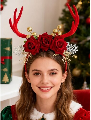  Julehårbånd med reinsdyrgevir til dame, sett med 2, festlige blomsterhårpynt med røde og hvite roser og gyldne bær &fløyelshorn til høytidsfest &familiebilder