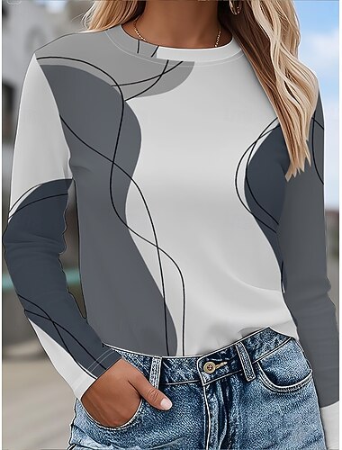  Per donna Maglietta Grafico Geometrico Blocco di colori Vintage Moda Elegante Manica Lunga Girocollo Top Regolari Quotidiano Weekend Stampato Grigio chiaro Primavera Autunno Inverno