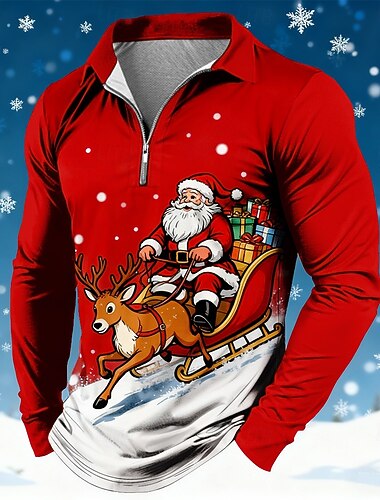  Weihnachten Herren Weihnachtsmann Polo Langarm Polo-Shirts Revers Lässig Ferien Alltagskleidung Festival-Outfit 3D-Druck Viertelreißverschluss-Poloshirt Frühling Herbst Winter Rot 1 Rot 3 Rot 2