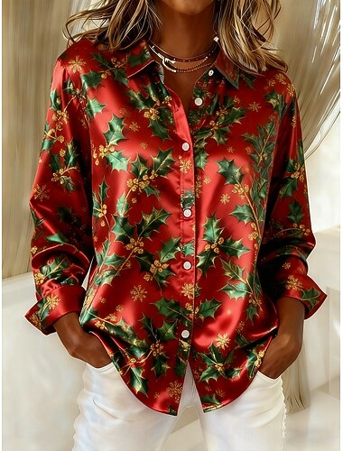  Natal Mulheres Camisa Social Gráfico Floco de Neve Vintage à moda Moderno Manga Longa Colarinho de Camisa Tops regulares Diário Feriado Vermelho Dourado Verde Outono Inverno