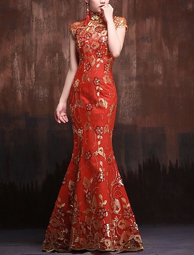  Robe de soirée sirène Robe vintage Invité de mariage Formelle Soirée Longueur de sol Manches courtes Col haut Satin avec broderie de sequins robe pour impressionner