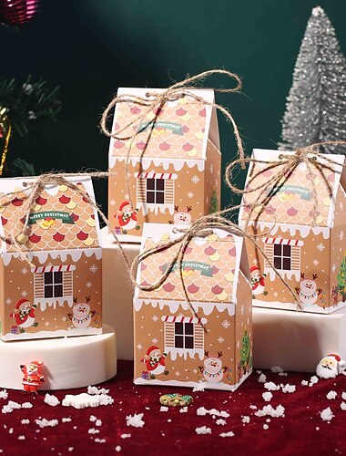  50 Stück Weihnachts-Leckerli-Boxen, Süßigkeiten-Lebkuchenhaus, Mini-Weihnachtsparty-Geschenkbox, kleiner Geschenkbehälter aus Pappe für Weihnachtsfeiertagsparty-Leckerli, Kekse, Leckereien, Snacks,