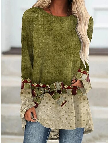  Julekvinne T-skjorte Grafisk Nisse Vintage Stilig Klassisk Langermet Crew Neck Rund Hals Lange topper Daglig Utskrift Svart Blå Grønn Vår Høst Vinter