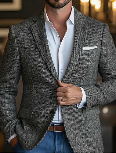  Miesten Tweed bleiseri Lovikaulus Muoti Klassinen Vapaa-aika Kalanruoto Blazer Musta Harmaa Räätälöity istuvuus Yksiriviset kaksinappia