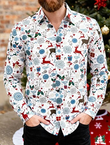  Święta Długie rękawy Koszula zapinana na guziki Renifer Rudolf Graficzny Zabawne Zabawny na Męskie Dla dorosłych Druk 3D  Do Święta Karnawał Nowy Rok Impreza