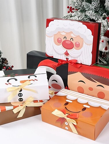  6 cajas de regalo navideñas con Papá Noel, muñeco de nieve y reno &Diseños de pingüinos: cajas de cartón resistentes adornadas con lazos de cinta verde, ideales para envolver regalos de Navidad,