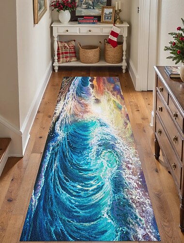  Ozeanwellen-Läuferteppich für Flur und Küche weicher rutschfester maschinenwaschbarer Teppich Faux Cashmere Küstenlandschaftsteppich mit blauem Meer und Sonnenuntergang farbenfrohe Welle von Dakota