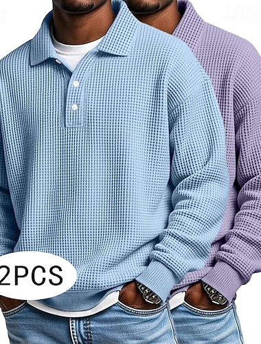  Lot de 2 polos gaufrés pour homme, style golf, habillé, classique, manches longues, couleur unie, idéal pour l'automne et le printemps. &Polos gaufrés blancs, violets et bleus, coupe classique,