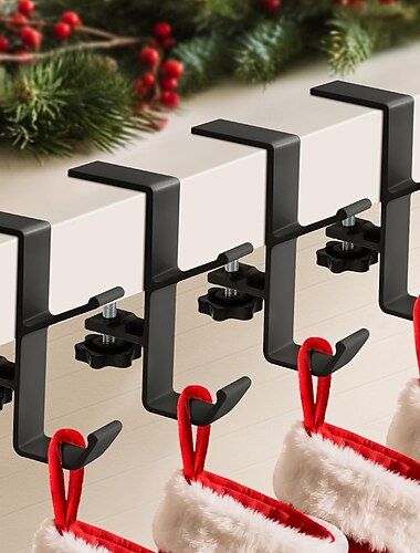  4 kpl pitkiä sukkatelineitä joulukoristeisiin – 2-in-1 takka- ja kranssiteline, säädettävät metallikoukut sukkien ripustamiseen, ei vaadi poraamista, juhlava joulukoristeena