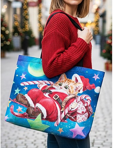  Juleveske til dame – med Kayomi Harais festlige kattedesign, livlige farger, justerbare skulderstropper, perfekt for julehandel, gaver og vinterutflukter