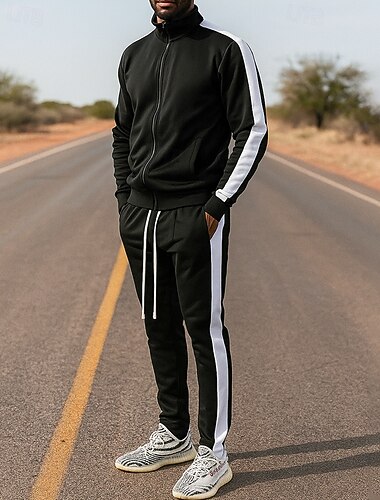  בגדי ריקוד גברים אימונית חליפת ריצה סטים של טרנינג מיקוד מלא קולור בלוק חליפות בגדים סתיו חורף שחור צהוב חוץ נסיעות ספורטיבי חם שרוול ארוך ספורט לבוש אקטיבי מיקרו-אלסטי רגיל